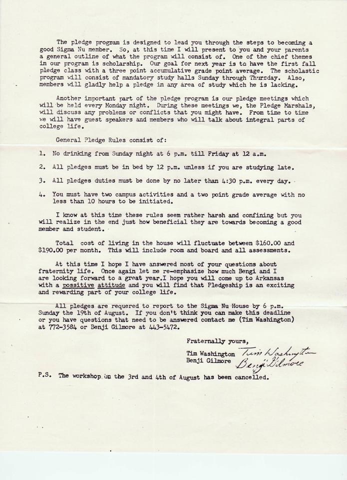 Fall Pledge Class Letter, 1979
